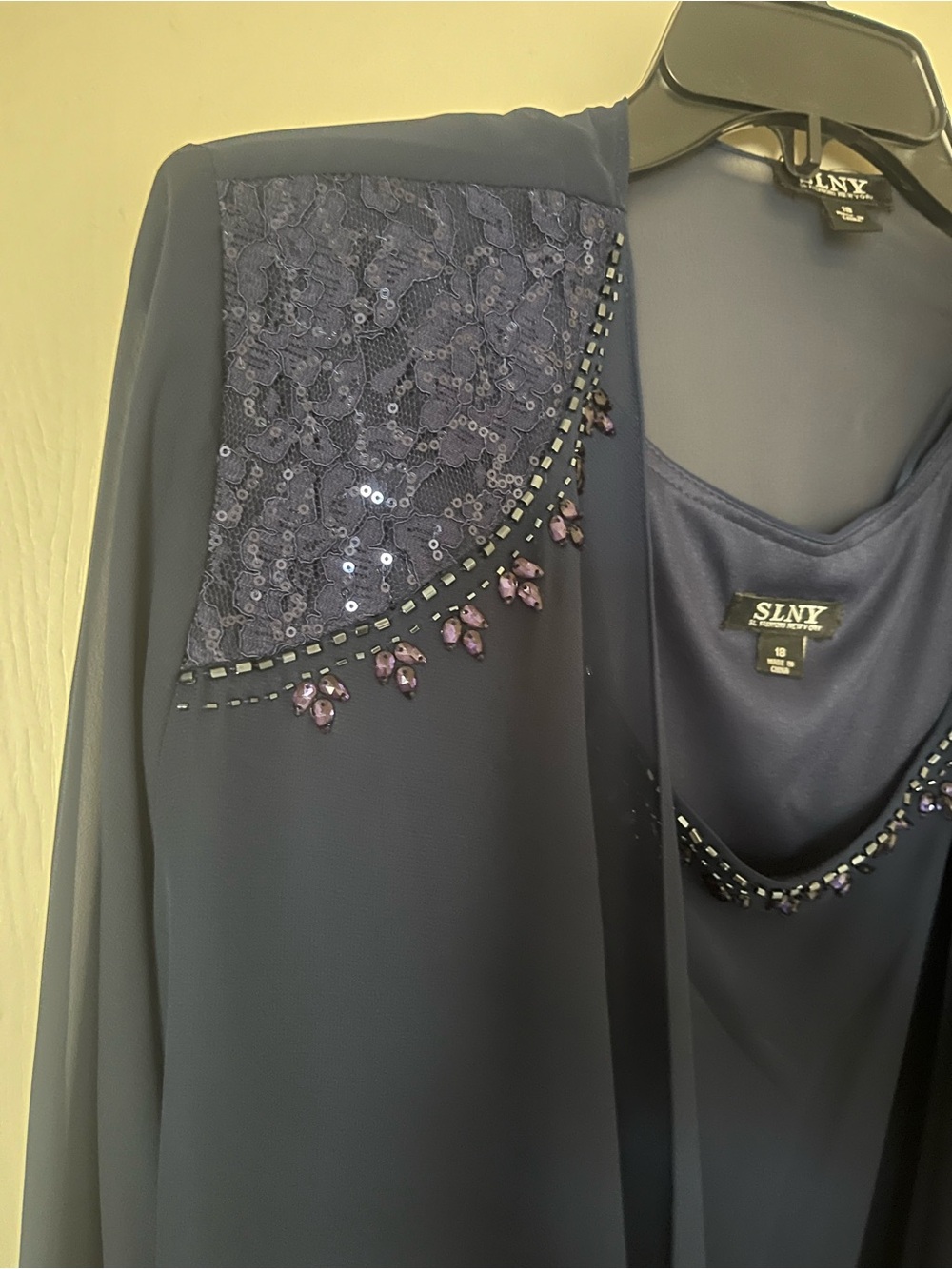 SLNY Navy Beaded Chiffon Jacket and Layered Dress - Picture 3 of 7
